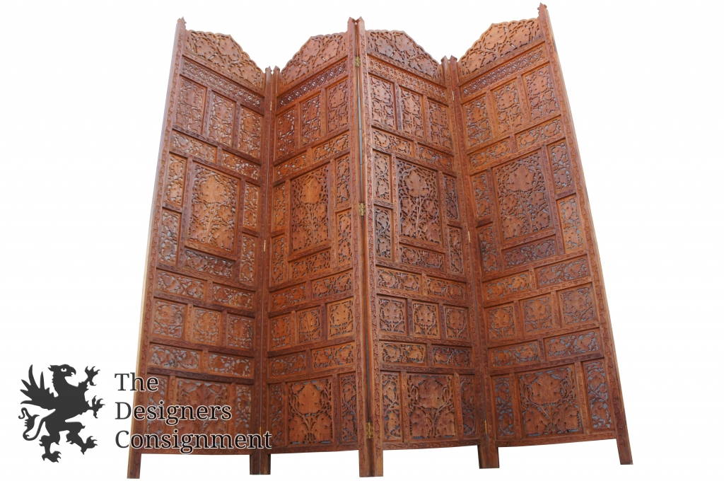 Teak Wood Carved Four Panel Room Divider Vintage Screen Indonesian